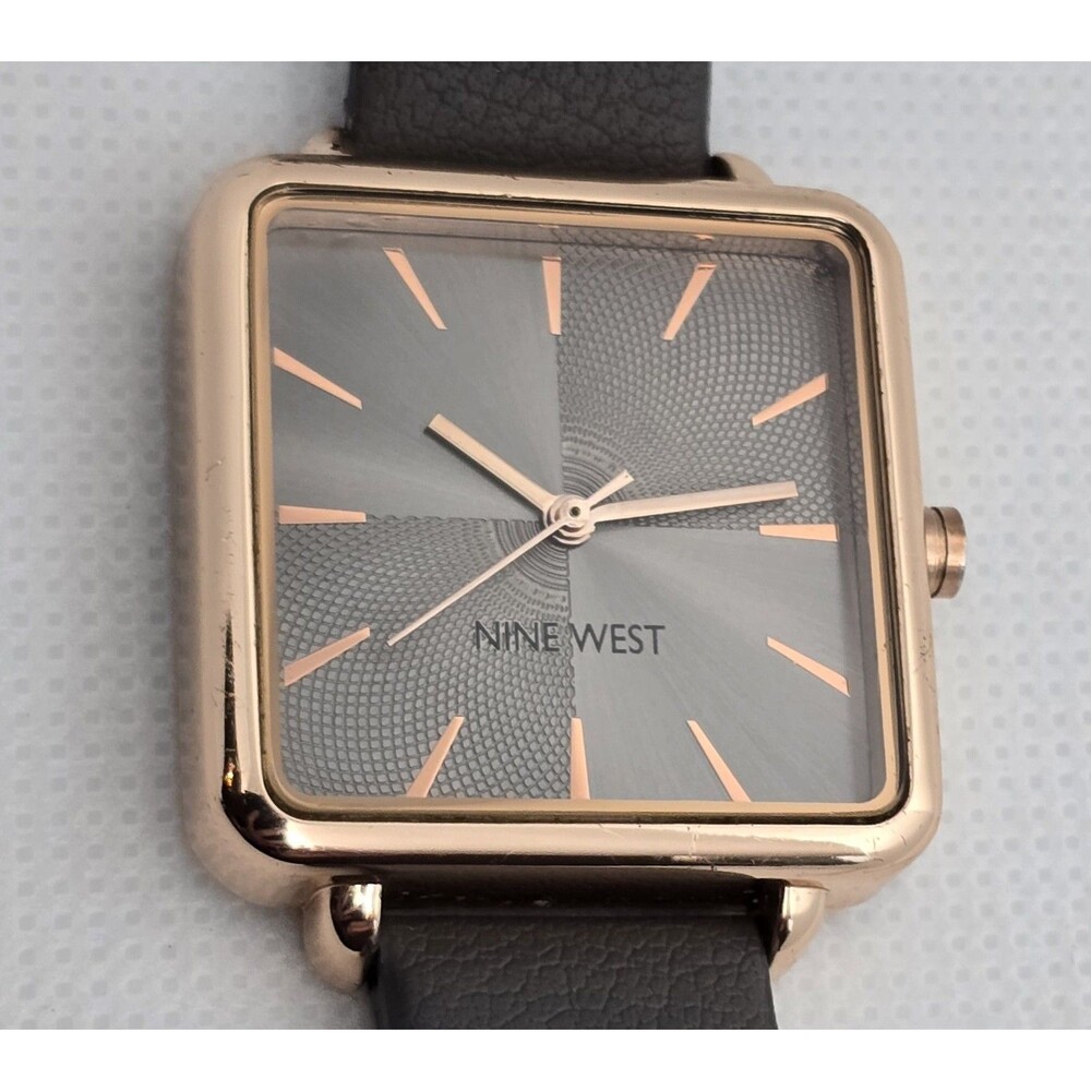 Women's Nine West Casual Square Rose Gold Tone Case Gray Leather Strap Watch 13 - Picture 7 of 9